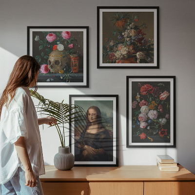 Conjunto de 4 quadros com moldura Caveira com flores vintage e Mona Lisa