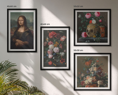 Conjunto de 4 quadros com moldura Caveira com flores vintage e Mona Lisa