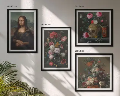 Conjunto de 4 quadros com moldura estampa de caveira com flores vintage e mona lisa