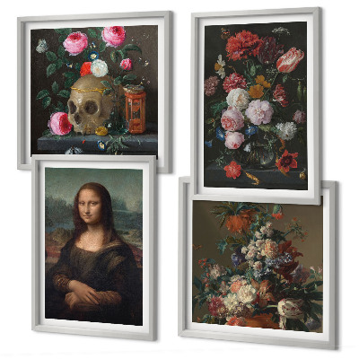 Conjunto de 4 quadros com moldura Caveira com flores vintage e Mona Lisa