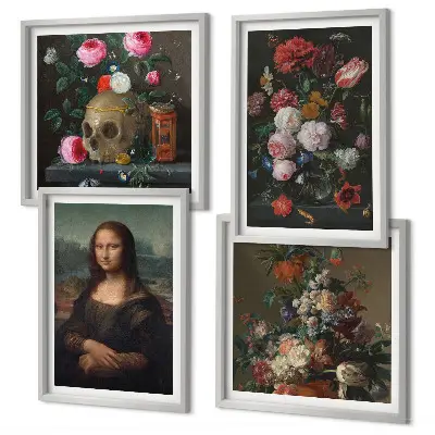 Conjunto de 4 quadros com moldura estampa de caveira com flores vintage e mona lisa
