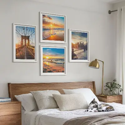 Políptico com moldura paisagem de pontes e pôr do sol na cidade