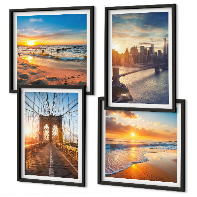Políptico com moldura Pontes, pôr do sol, cidade