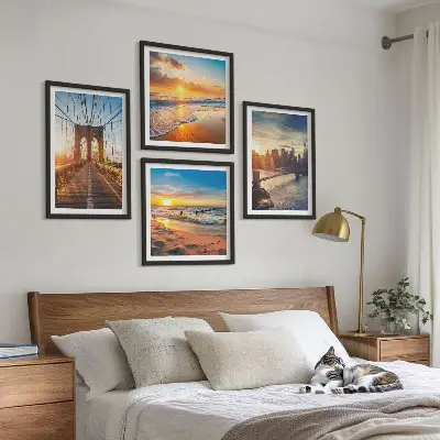 Políptico com moldura paisagem de pontes e pôr do sol na cidade