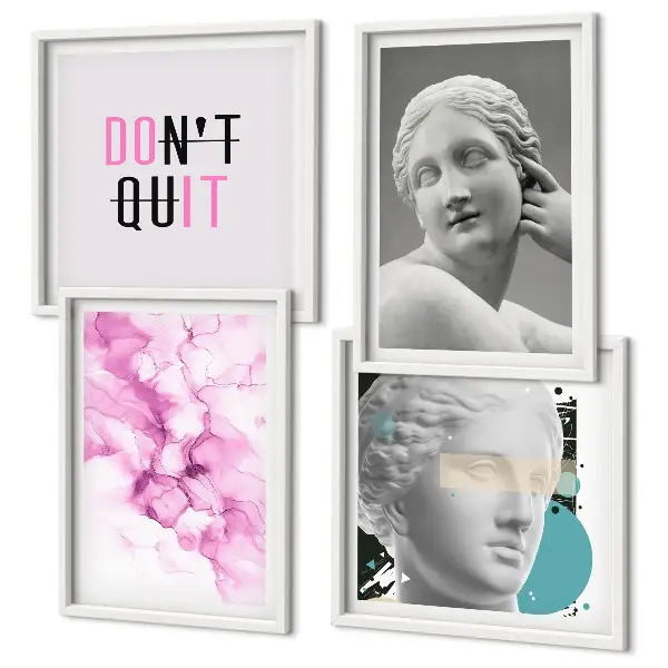 Composição de quadros com escultura abstrata em aquarela