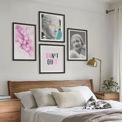 Composição de quadros com escultura abstrata em aquarela