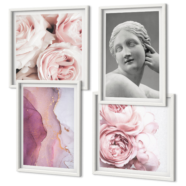 Conjunto de 4 quadros com moldura Escultura de peônia representando uma mulher