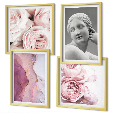 Conjunto de 4 quadros com moldura Escultura de peônia representando uma mulher