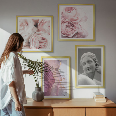 Conjunto de 4 quadros com moldura Escultura de peônia representando uma mulher