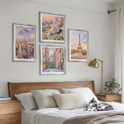 Políptico com moldura Nova York Paris Oia Varsóvia crepúsculo