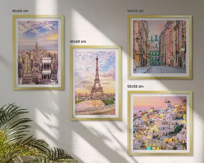 Políptico com moldura cenas de crepúsculo em Nova York, Paris, Oia e Varsóvia