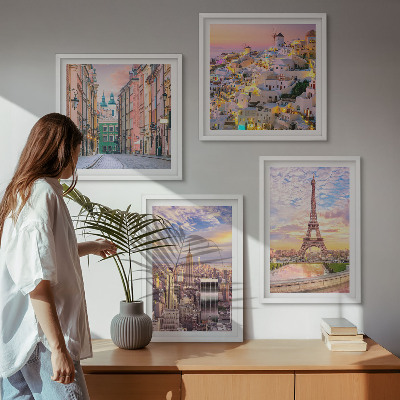 Políptico com moldura Nova York Paris Oia Varsóvia crepúsculo