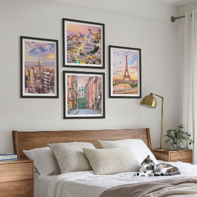 Políptico com moldura Nova York Paris Oia Varsóvia crepúsculo