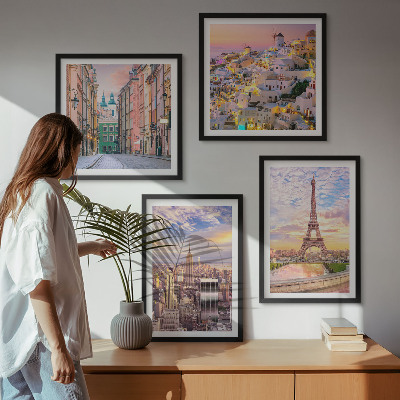 Políptico com moldura Nova York Paris Oia Varsóvia crepúsculo