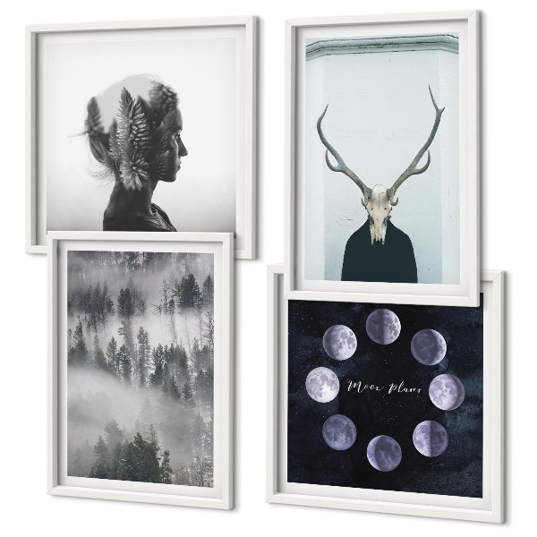 Conjunto de 4 quadros com moldura floresta névoa lua caveira mulher