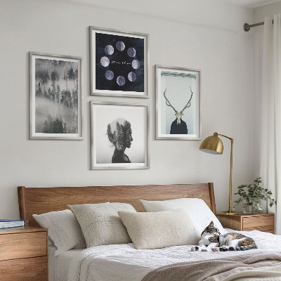 Conjunto de 4 quadros com moldura floresta névoa lua caveira mulher