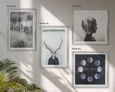Conjunto de 4 quadros com moldura estampa de floresta com névoa, lua e caveira feminina