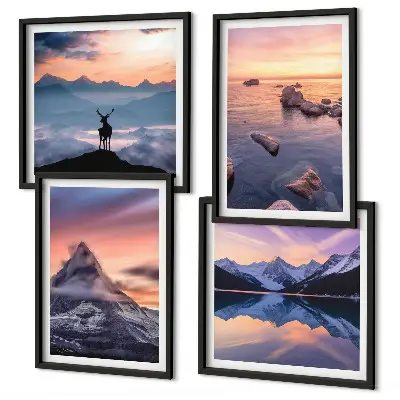 Composição de quadros paisagens com montanhas e lagos