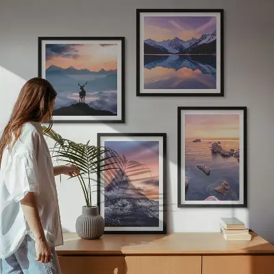 Composição de quadros paisagens com montanhas e lagos