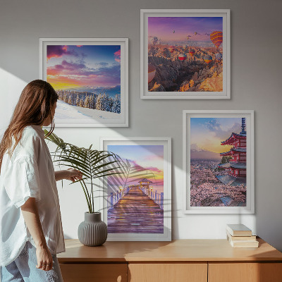 Conjunto de 4 quadros com moldura Paisagens celestes românticas