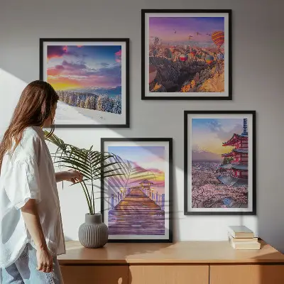 Conjunto de 4 quadros com moldura com tema de paisagens celestes românticas