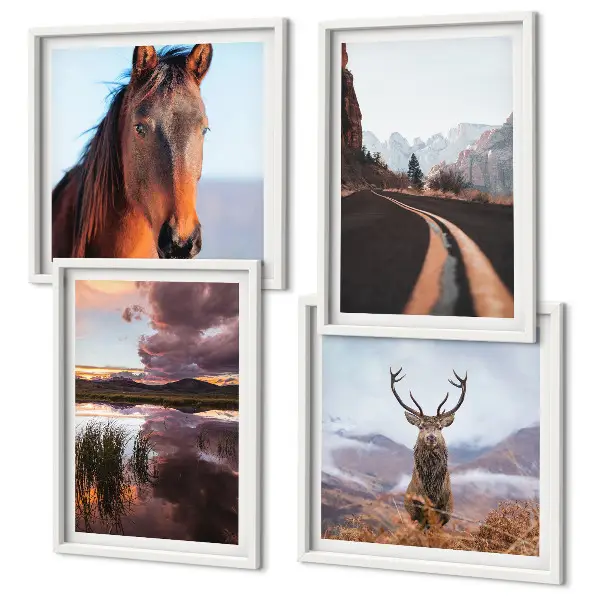 Conjunto de 4 quadros com moldura de paisagens de montanha com renas e estrada para cavalos