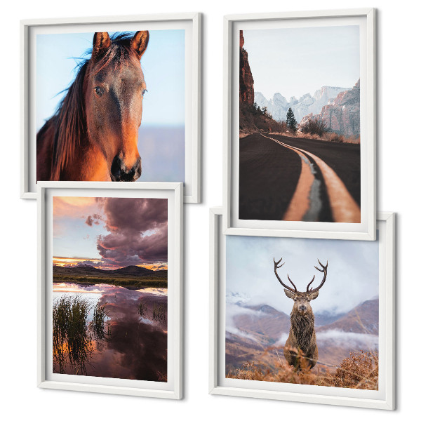 Conjunto de 4 quadros com moldura Paisagens de montanha, renas, estrada para cavalos