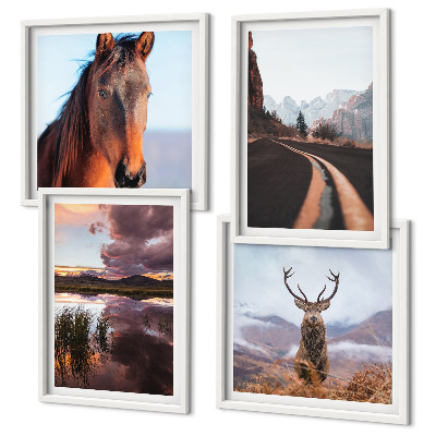 Conjunto de 4 quadros com moldura Paisagens de montanha, renas, estrada para cavalos