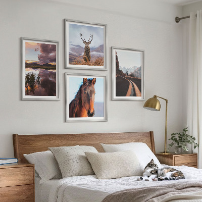 Conjunto de 4 quadros com moldura Paisagens de montanha, renas, estrada para cavalos