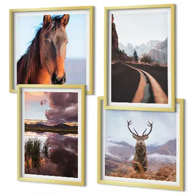 Conjunto de 4 quadros com moldura de paisagens de montanha com renas e estrada para cavalos