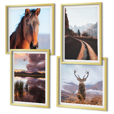 Conjunto de 4 quadros com moldura Paisagens de montanha, renas, estrada para cavalos