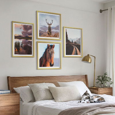 Conjunto de 4 quadros com moldura Paisagens de montanha, renas, estrada para cavalos