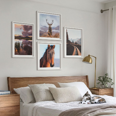Conjunto de 4 quadros com moldura Paisagens de montanha, renas, estrada para cavalos