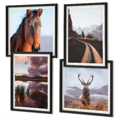 Conjunto de 4 quadros com moldura de paisagens de montanha com renas e estrada para cavalos