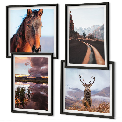 Conjunto de 4 quadros com moldura Paisagens de montanha, renas, estrada para cavalos