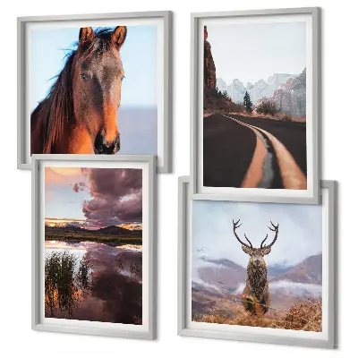 Conjunto de 4 quadros com moldura de paisagens de montanha com renas e estrada para cavalos