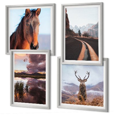 Conjunto de 4 quadros com moldura Paisagens de montanha, renas, estrada para cavalos
