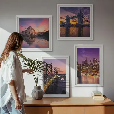 Políptico com moldura pontes, sol e vistas da cidade