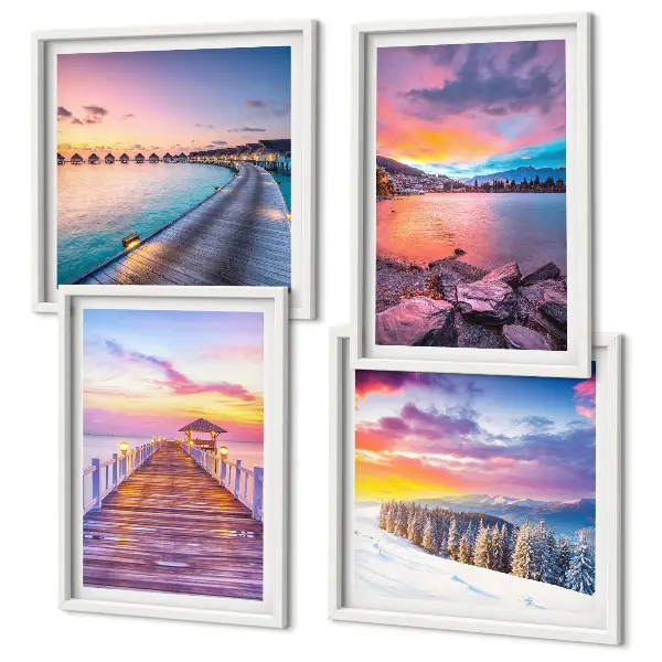 Conjunto de 4 quadros com moldura paisagem de montanha com píer no inverno