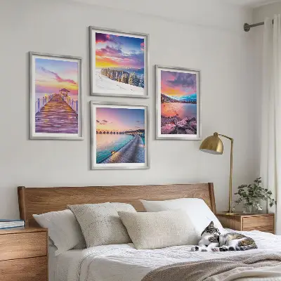 Conjunto de 4 quadros com moldura paisagem de montanha com píer no inverno