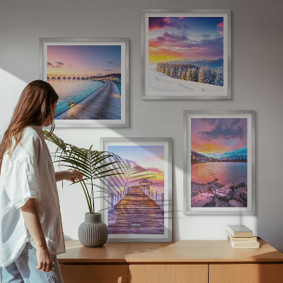 Conjunto de 4 quadros com moldura Paisagem de inverno da montanha do píer