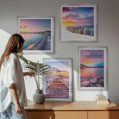 Conjunto de 4 quadros com moldura paisagem de montanha com píer no inverno