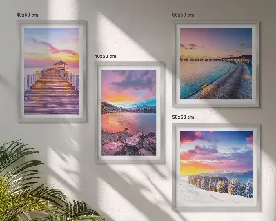 Conjunto de 4 quadros com moldura paisagem de montanha com píer no inverno