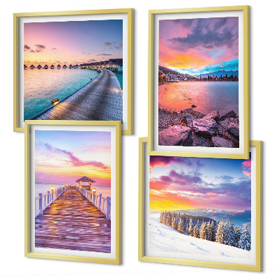 Conjunto de 4 quadros com moldura Paisagem de inverno da montanha do píer