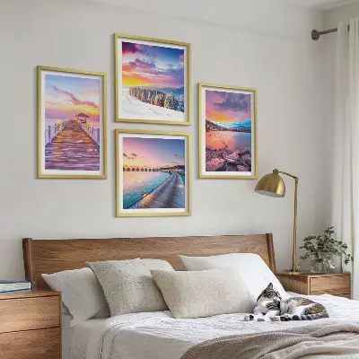 Conjunto de 4 quadros com moldura paisagem de montanha com píer no inverno