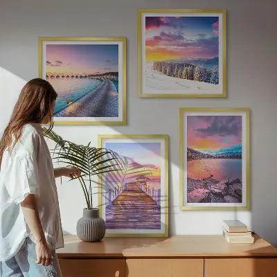Conjunto de 4 quadros com moldura paisagem de montanha com píer no inverno