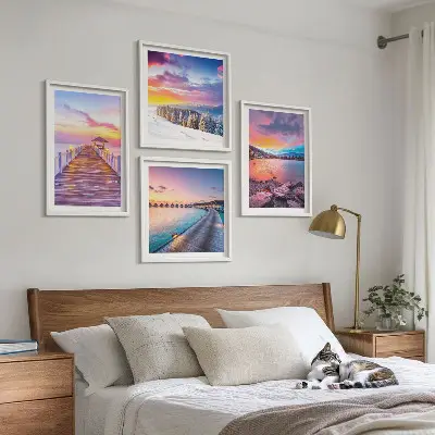 Conjunto de 4 quadros com moldura paisagem de montanha com píer no inverno