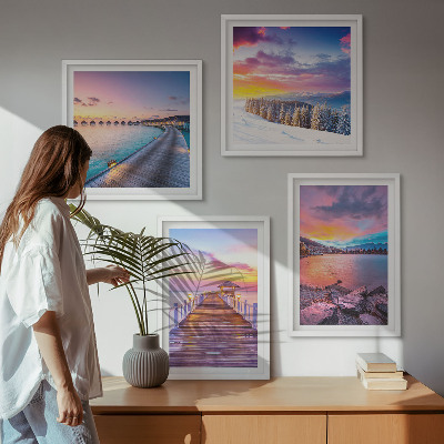 Conjunto de 4 quadros com moldura Paisagem de inverno da montanha do píer