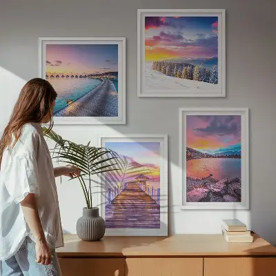 Conjunto de 4 quadros com moldura paisagem de montanha com píer no inverno