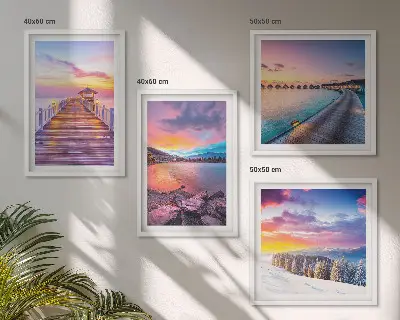 Conjunto de 4 quadros com moldura paisagem de montanha com píer no inverno